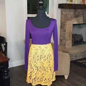Color Me Red Purple with Gold Lace Layover Long Sleeve Dress